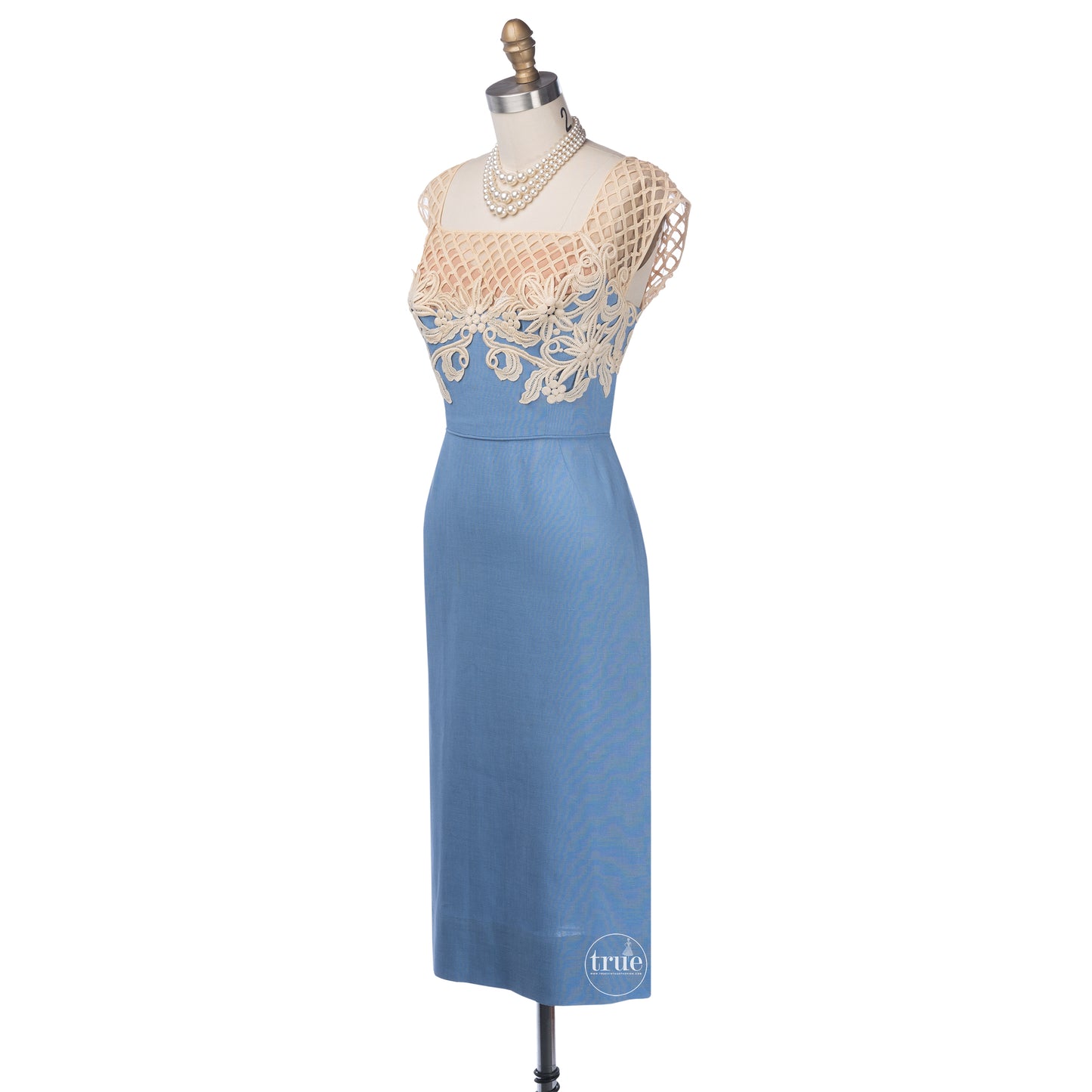 vintage 1950's dress ...gorgeous Peggy Hunt sky blue linen nude illusion bombshell wiggle dress