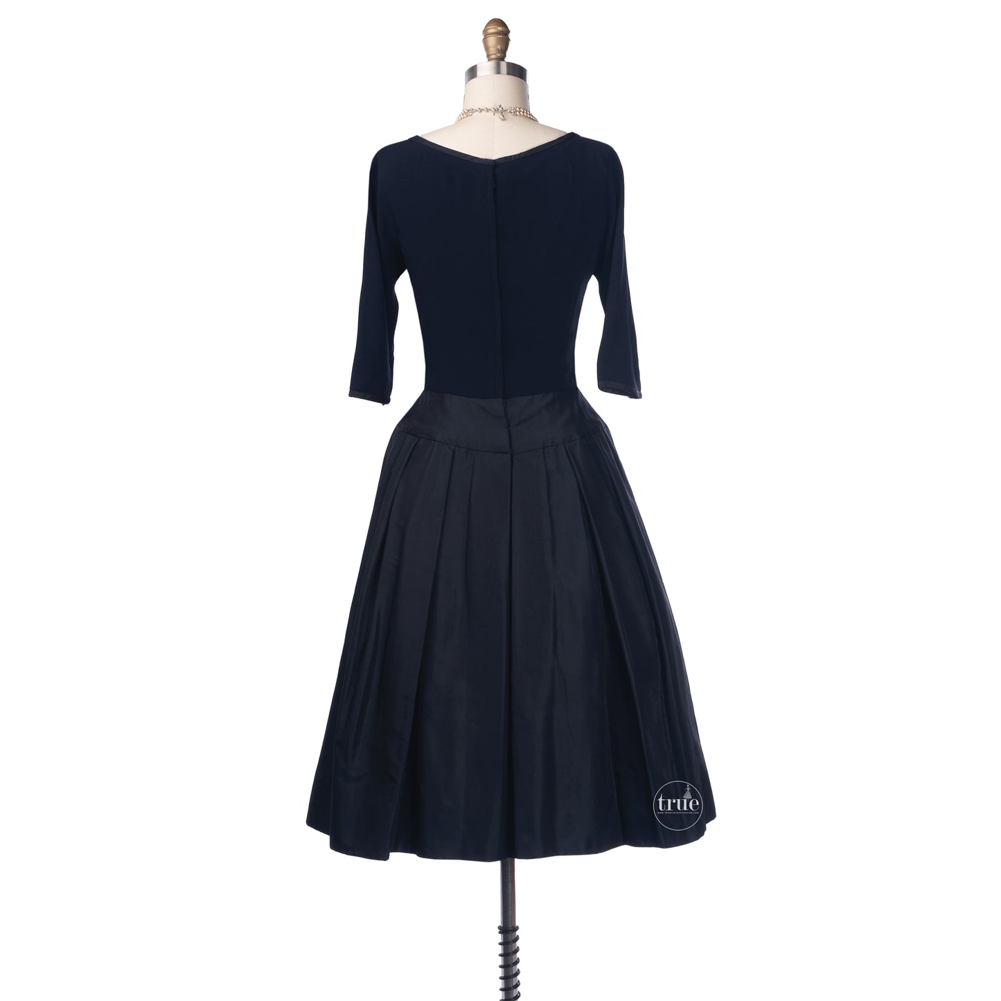 vintage 1950's dress ...classic PEGGY HUNT navy silk peau de soie overskirt cocktail dress