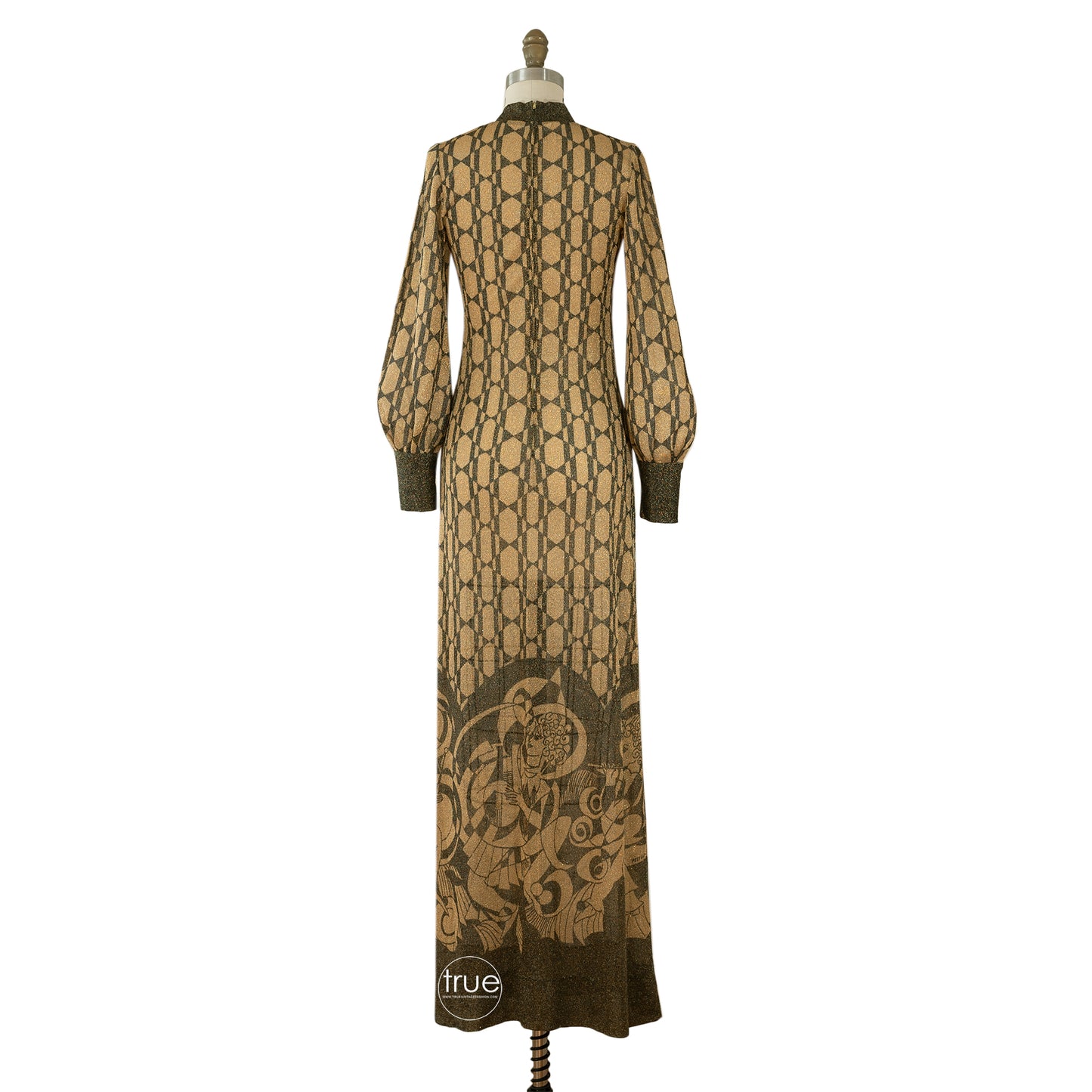 vintage 1970’s Pelilla metallic lamé dress w/ signed hand printed cubist deco ladies