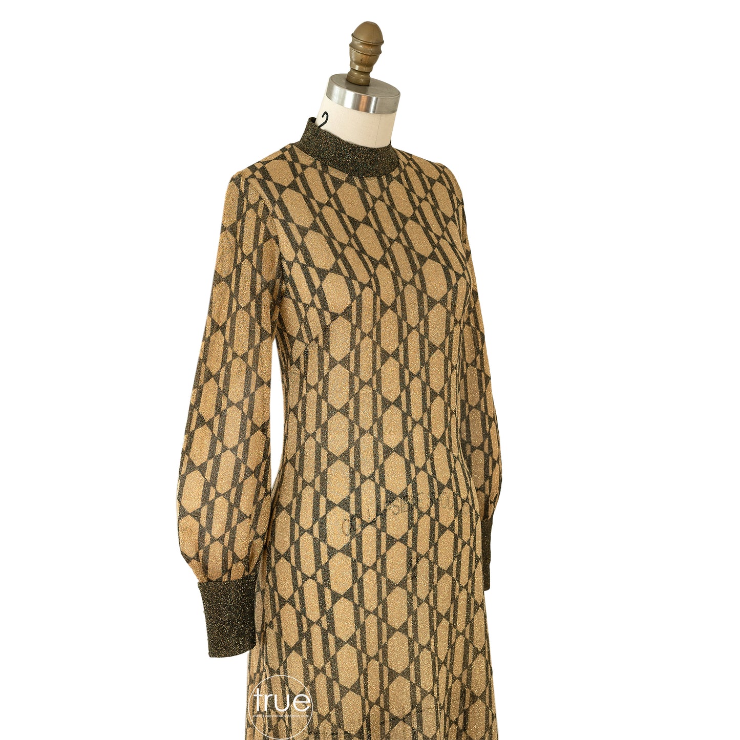 vintage 1970’s Pelilla metallic lamé dress w/ signed hand printed cubist deco ladies