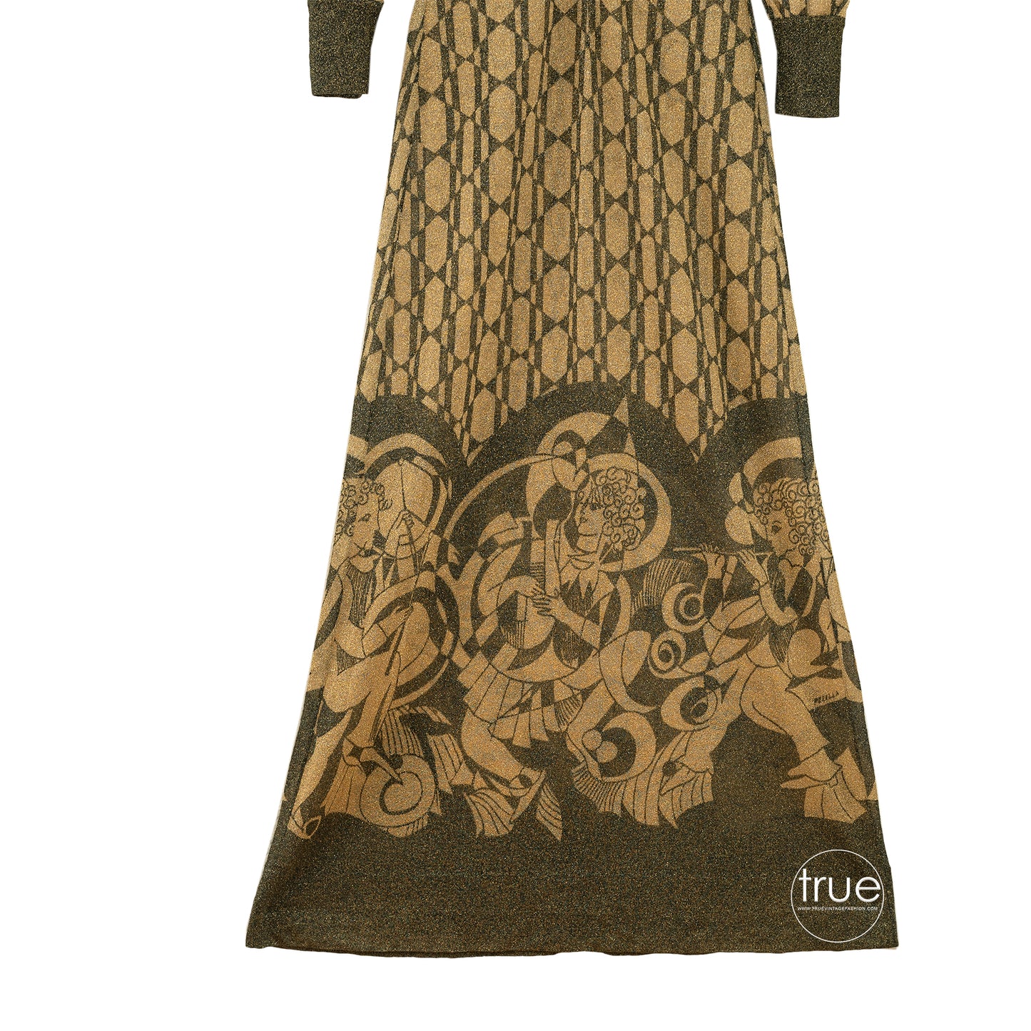 vintage 1970’s Pelilla metallic lamé dress w/ signed hand printed cubist deco ladies