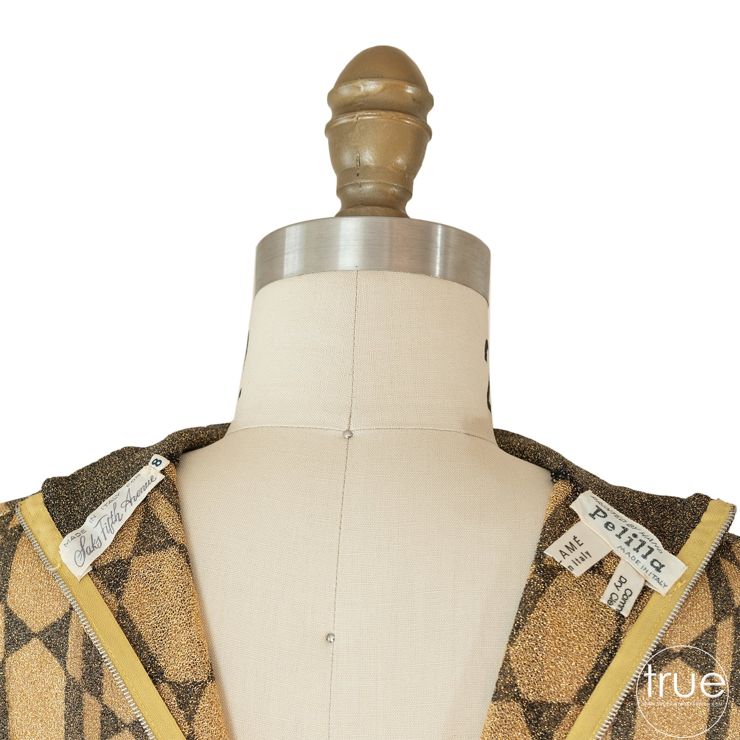 vintage 1970’s Pelilla metallic lamé dress w/ signed hand printed cubist deco ladies
