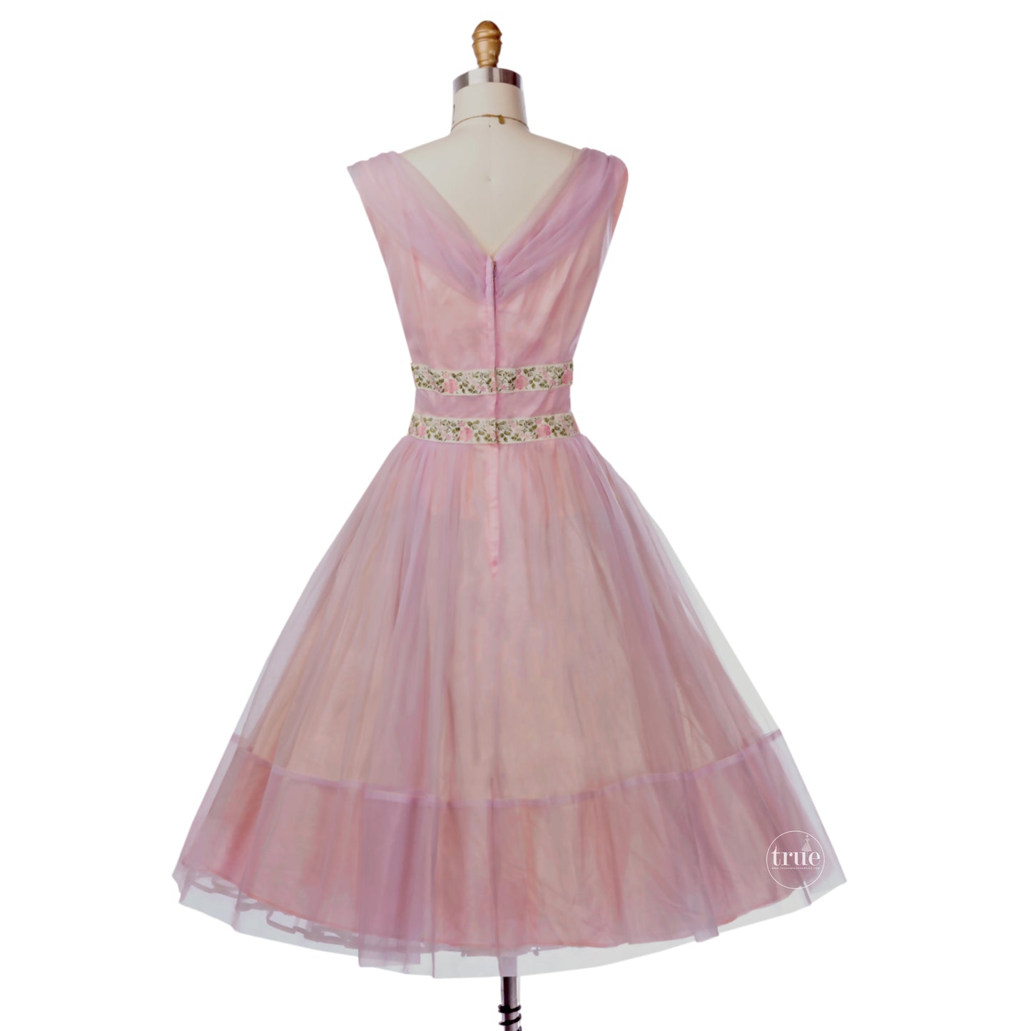 vintage 1950's dress ...floaty pink chiffon embroidered ribbon princess prom dress