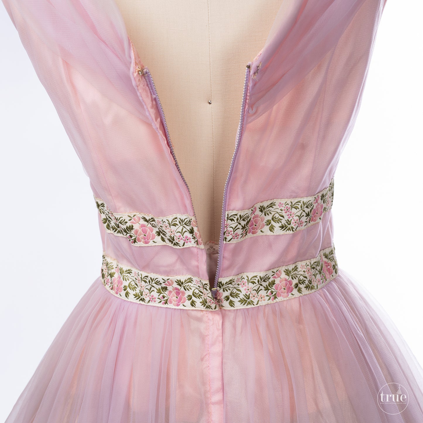 vintage 1950's dress ...floaty pink chiffon embroidered ribbon princess prom dress