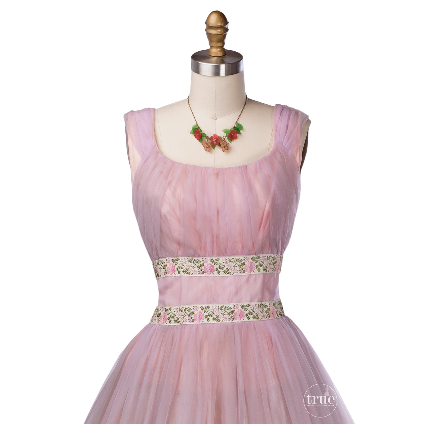 vintage 1950's dress ...floaty pink chiffon embroidered ribbon princess prom dress