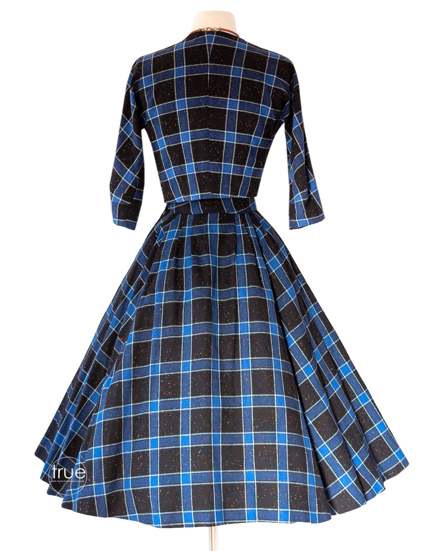 vintage 1950's dress ensemble ...2 piece top & skirt blue plaid RAINBOW confetti fleck