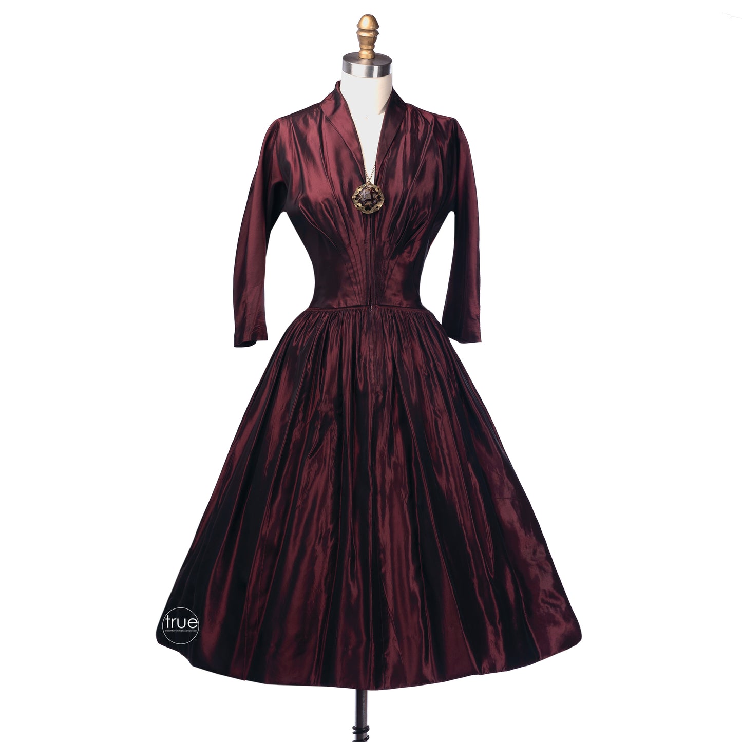 vintage 1950's dress ...classic garnet iridescent front zip dress with sunburst pleats