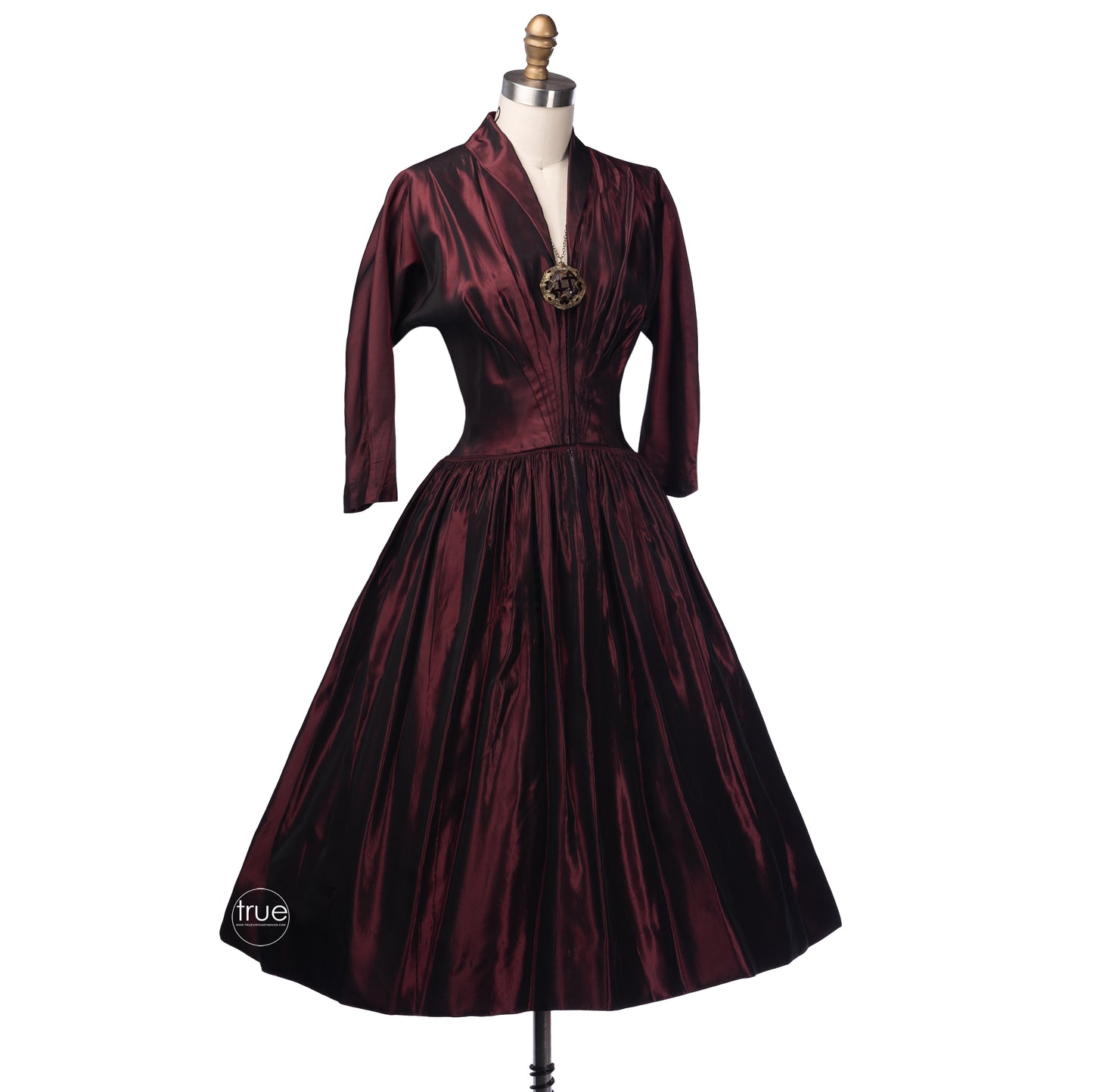 vintage 1950's dress ...classic garnet iridescent front zip dress with sunburst pleats