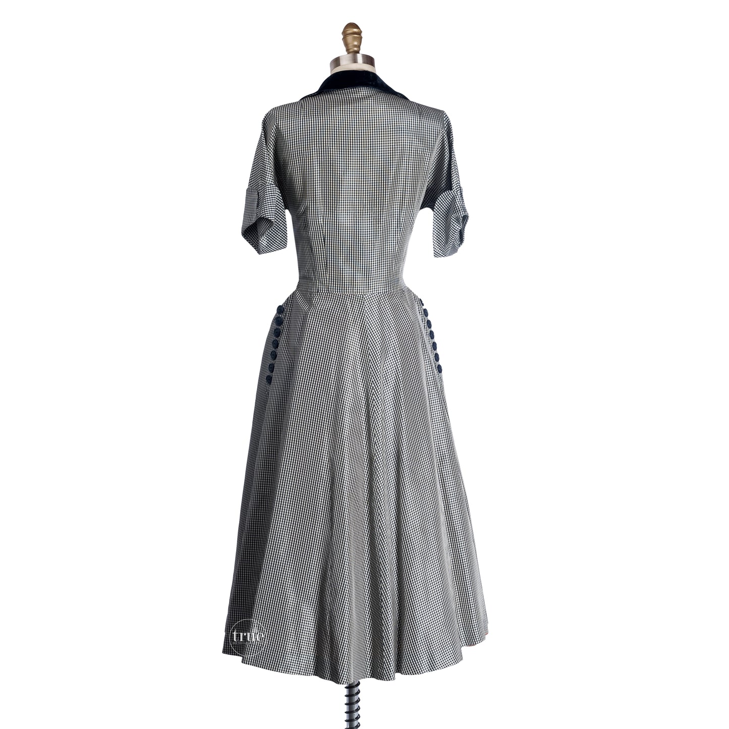 vintage 1940's dress ...fab R&K Originals Navy Blue Gingham Dress w/ BUTTONS