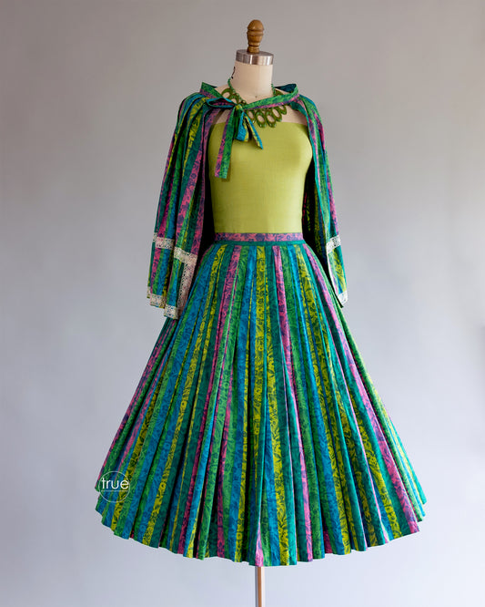 vintage 1950's skirt ...fabulous RAINBOW floral full CIRCLE skirt & cape/cover-up