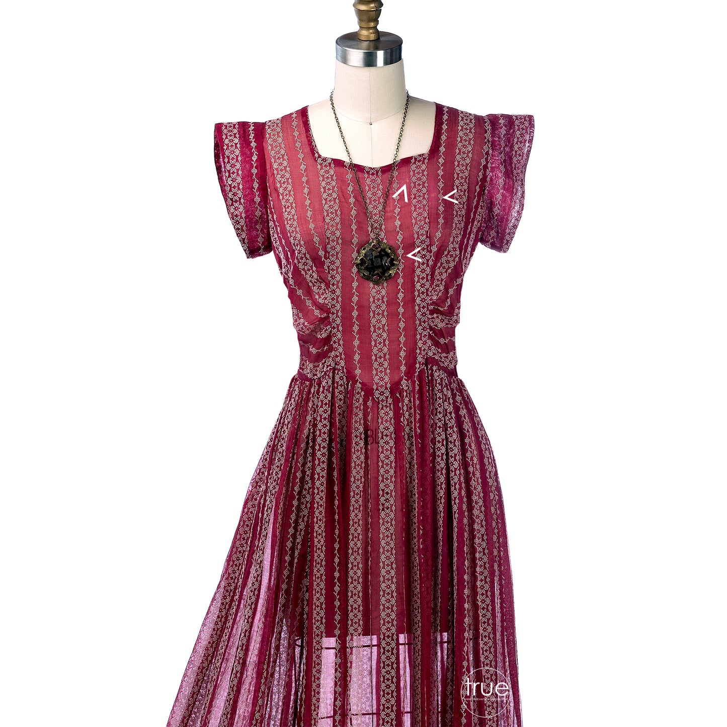 vintage 1930's dress ...flocked cranberry organza semi-sheer midi dress