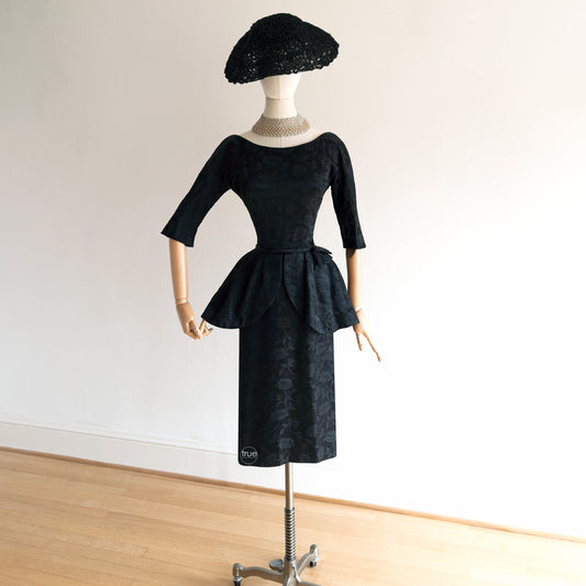 vintage 1950's dress ...rich black floral jacquard RENOIR original peplum dress