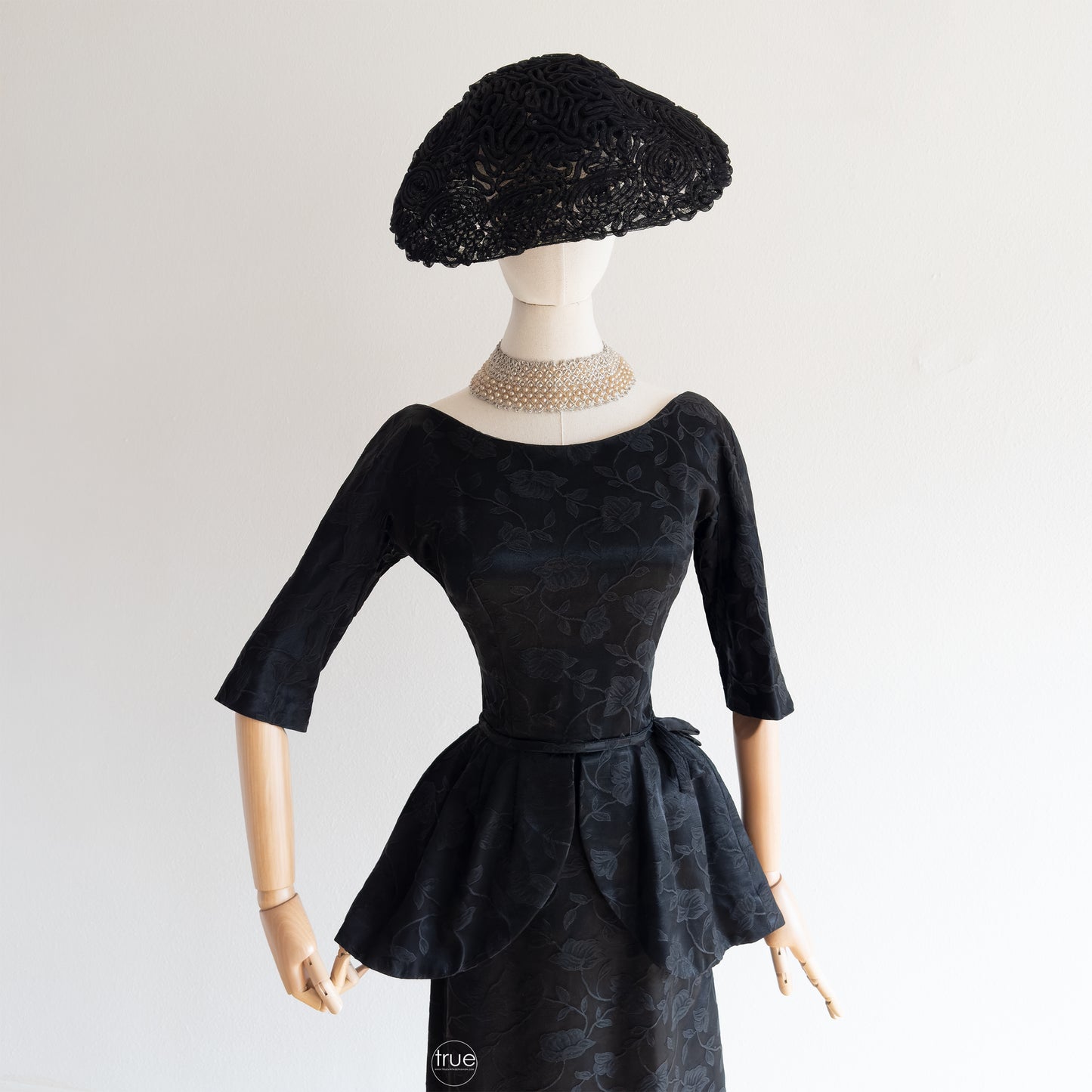 vintage 1950's dress ...rich black floral jacquard RENOIR original peplum dress