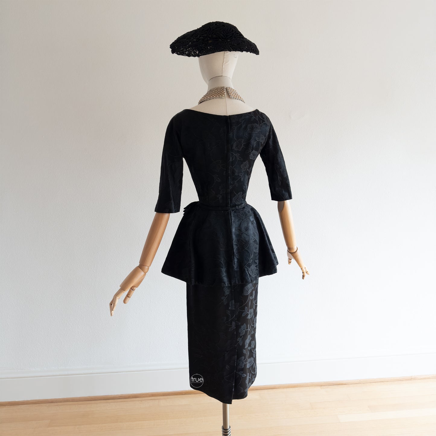vintage 1950's dress ...rich black floral jacquard RENOIR original peplum dress