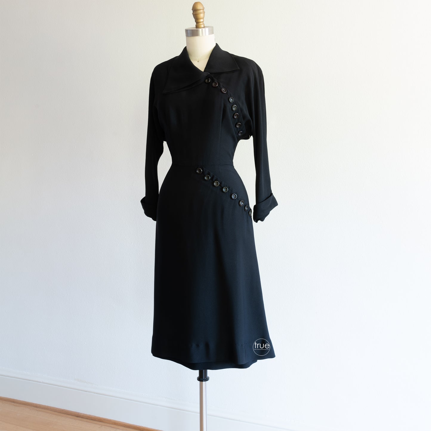 vintage 1940's dress ...jet black HERBERT SCHNEIDER asymmetrical noir dress