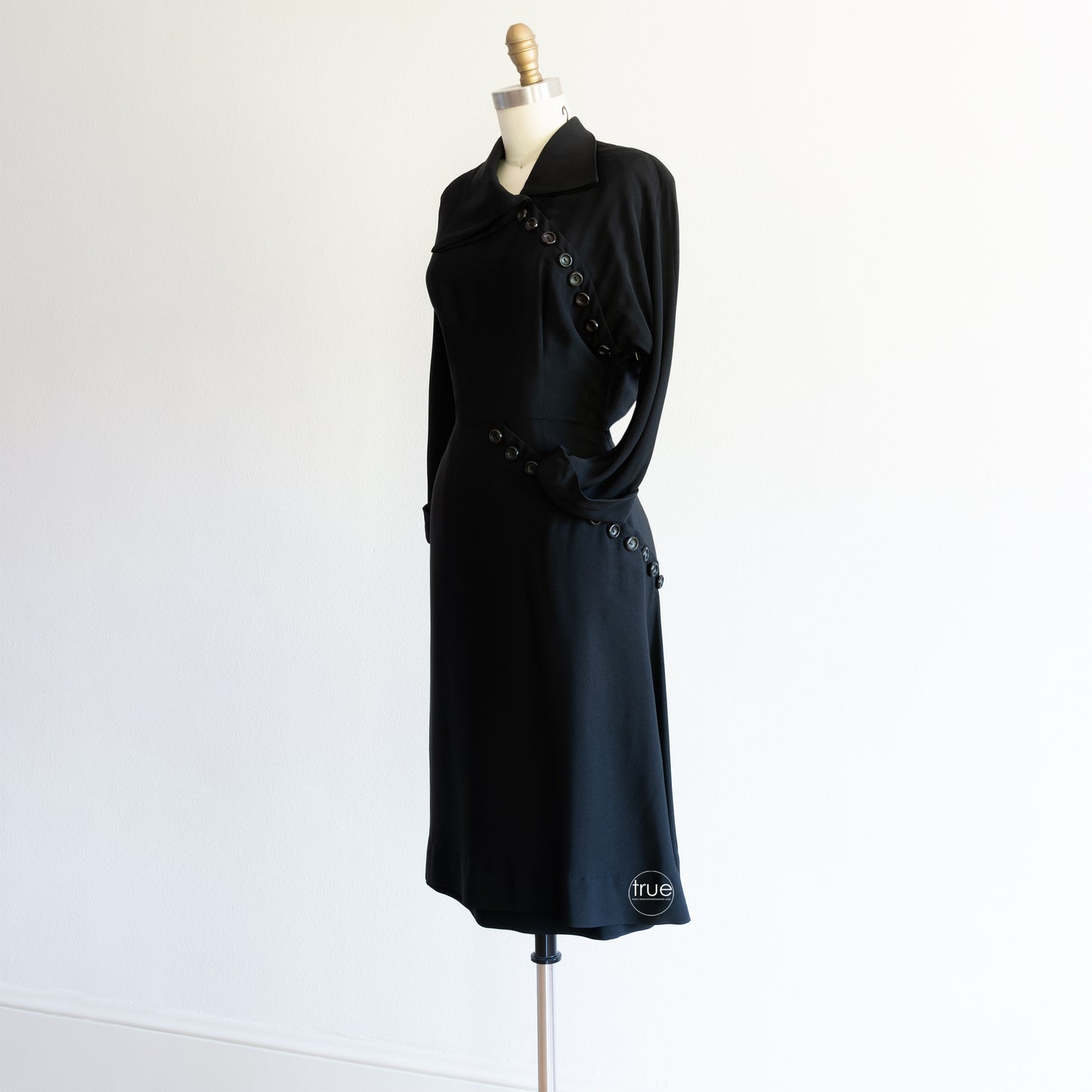 vintage 1940's dress ...jet black HERBERT SCHNEIDER asymmetrical noir dress