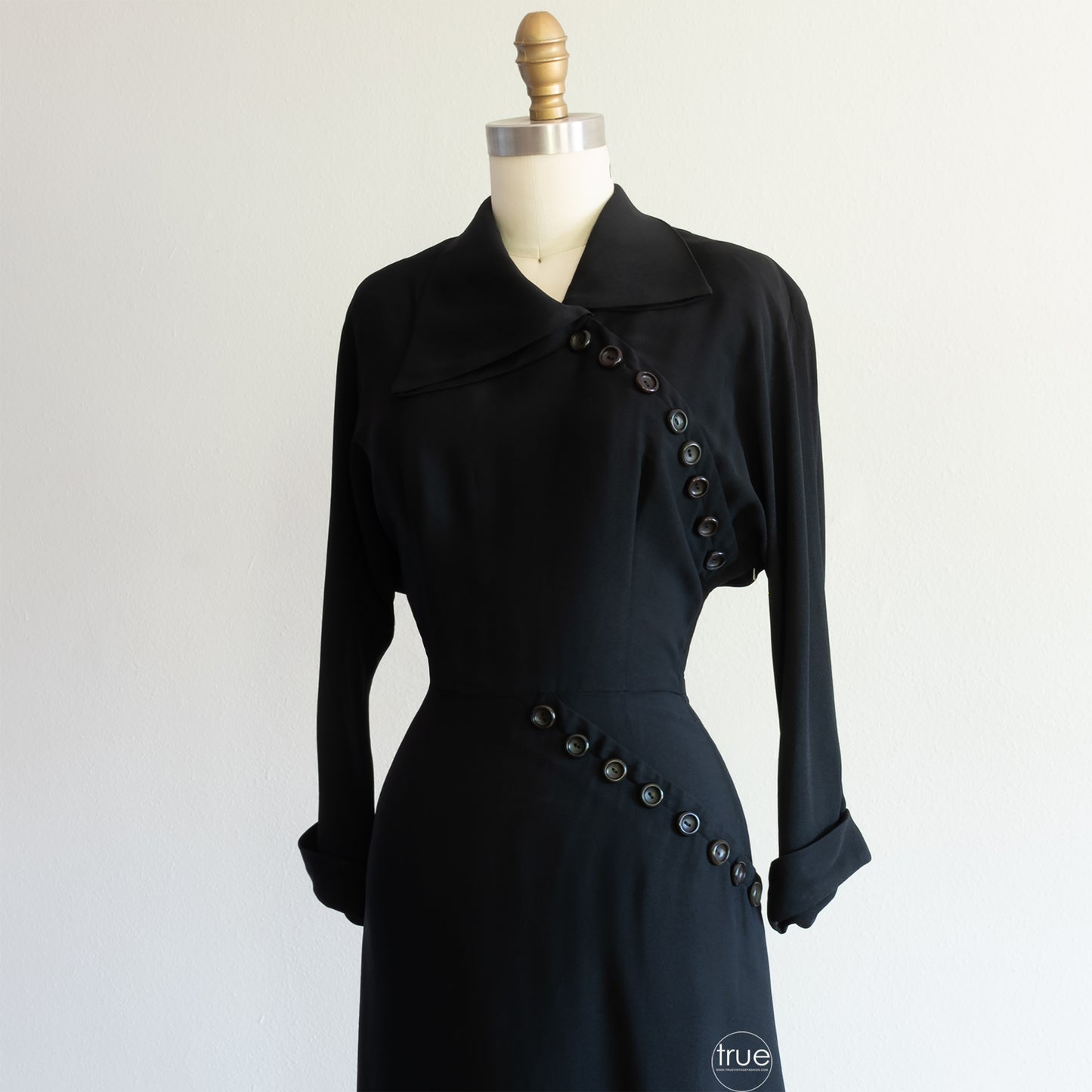 vintage 1940's dress ...jet black HERBERT SCHNEIDER asymmetrical noir dress