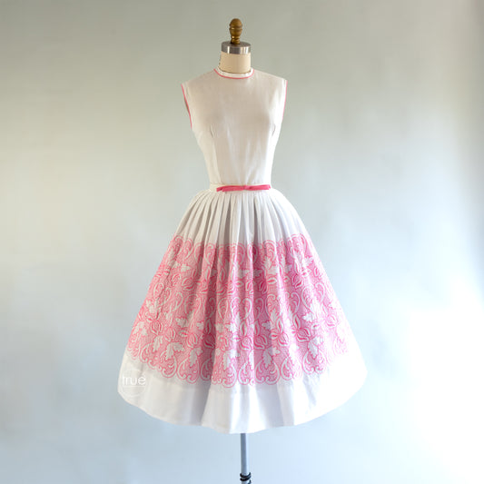 vintage 1950's dress ...unworn white w/pink floral embroidery spring summer staple