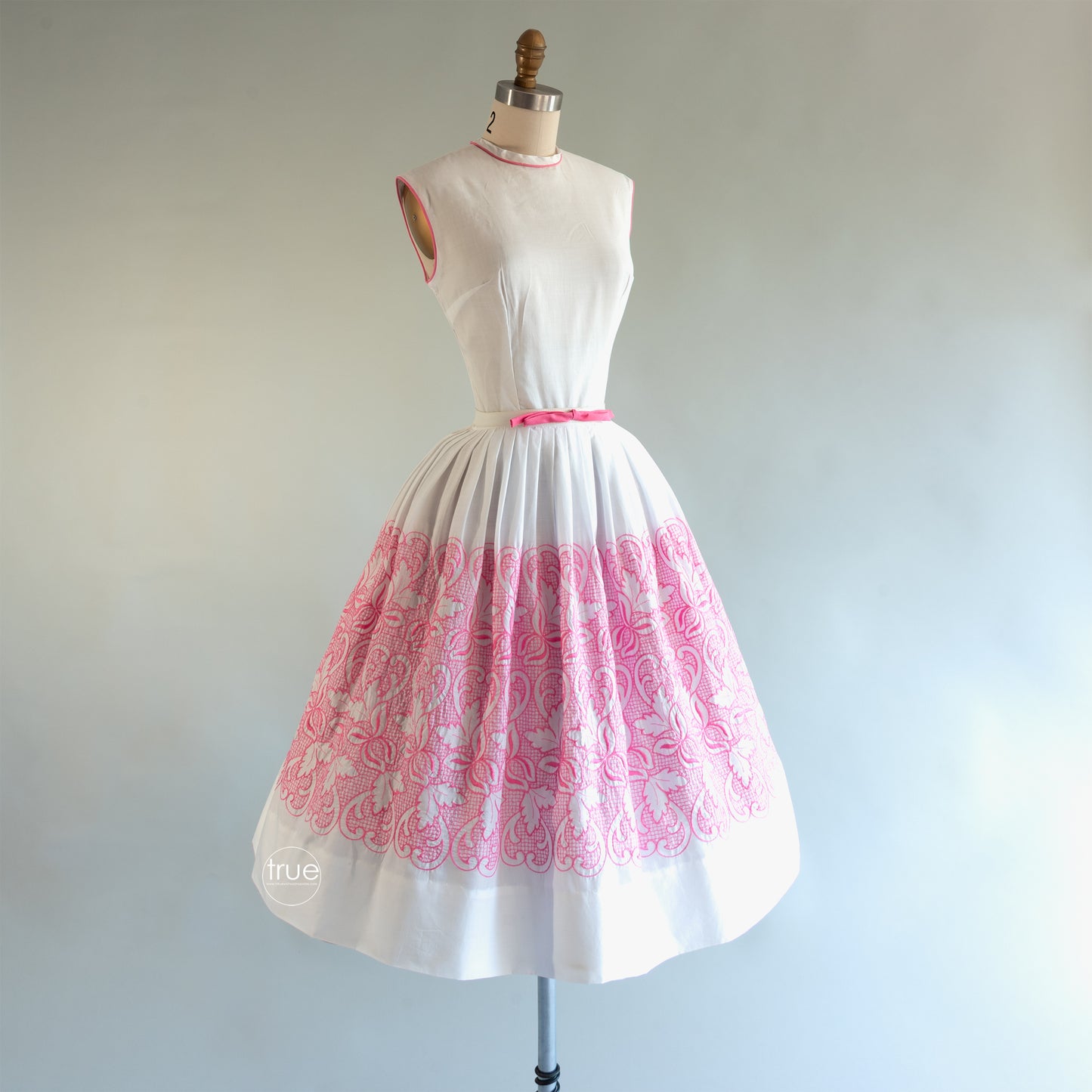 vintage 1950's dress ...unworn white w/pink floral embroidery spring summer staple