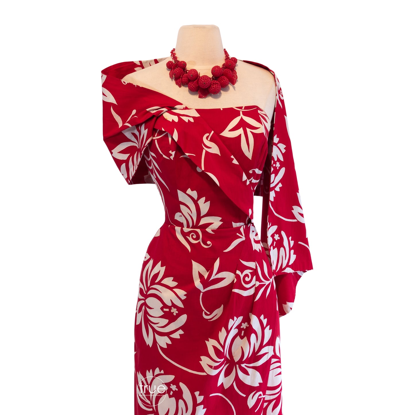 vintage 1950's dress ...iconic ALFRED SHAHEEN red hawaiian sarong dress