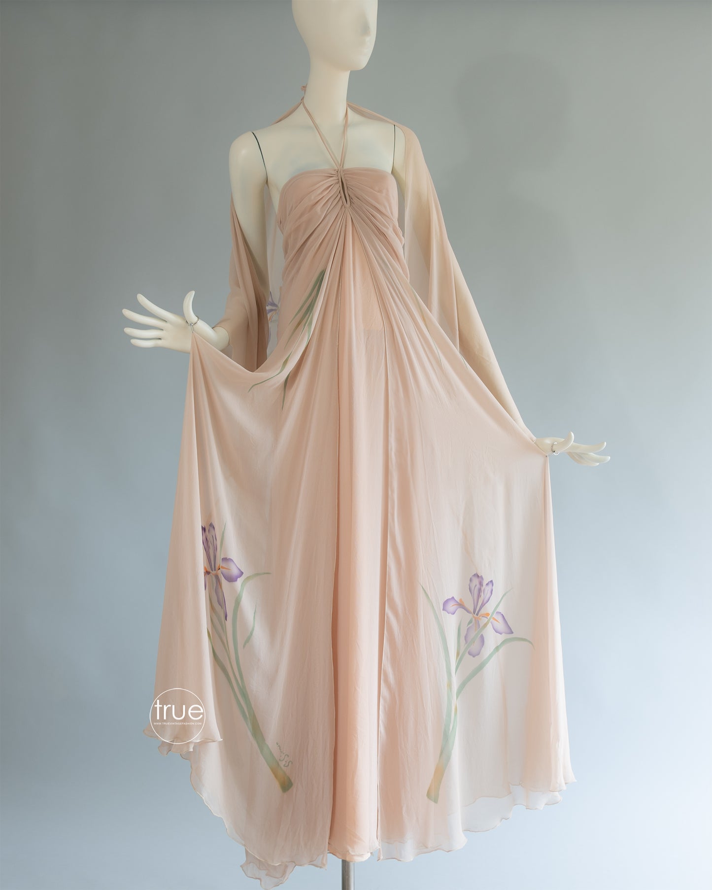 vintage 1970's dress ...ethereal St. Simon nude chiffon watercolor floral halter dress & shawl
