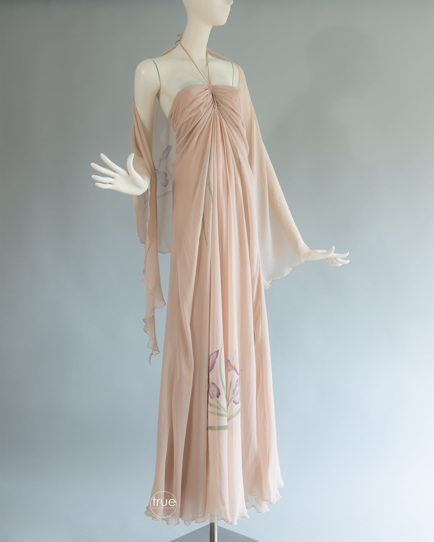 vintage 1970's dress ...ethereal St. Simon nude chiffon watercolor floral halter dress & shawl