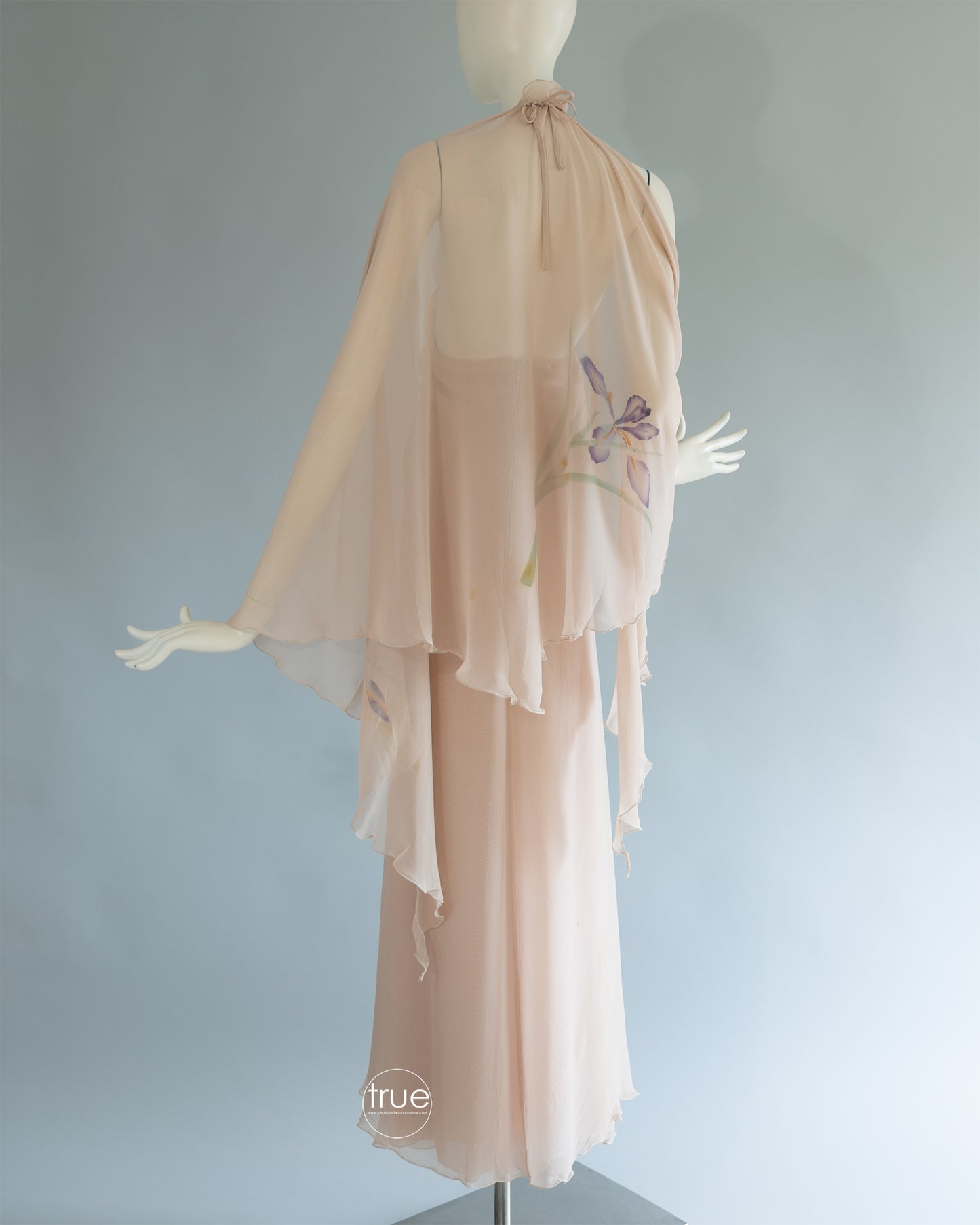 vintage 1970's dress ...ethereal St. Simon nude chiffon watercolor floral halter dress & shawl