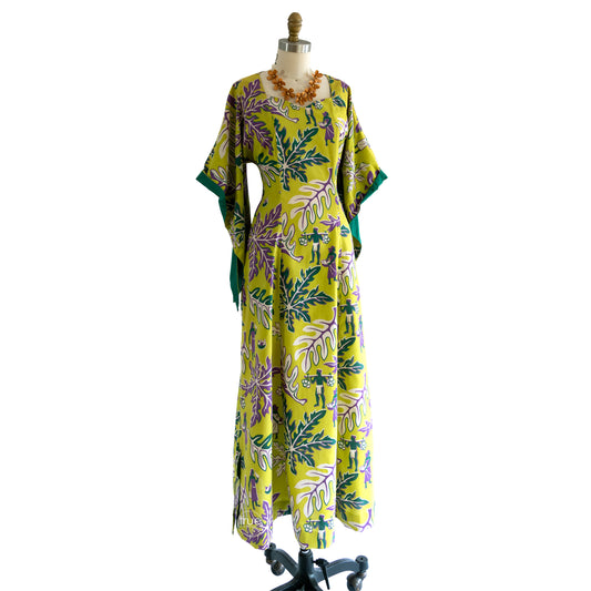 vintage 1940's dress ...rare SURFRIDERS chartreuse cotton hawaiian pake muu dress