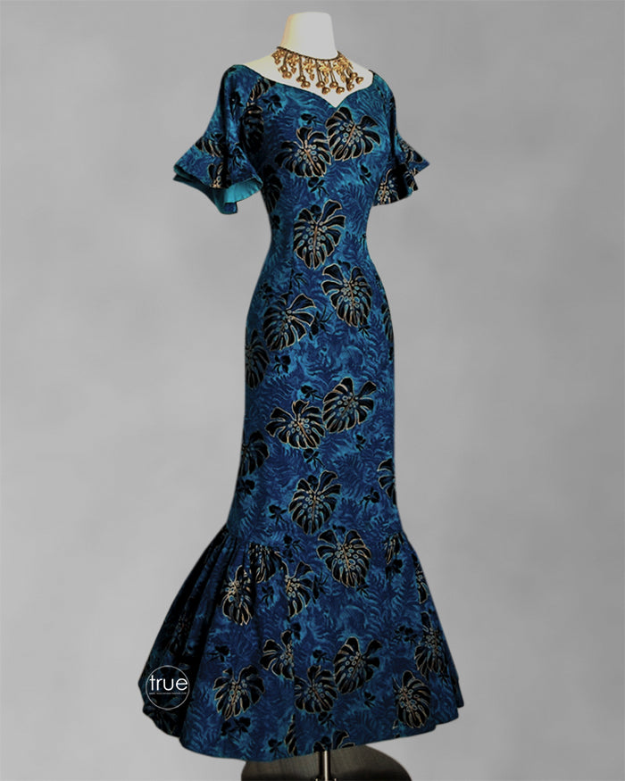 vintage 1950's dress ...teal monstera Surfriders Sportswear cotton hawaiian mermaid dress