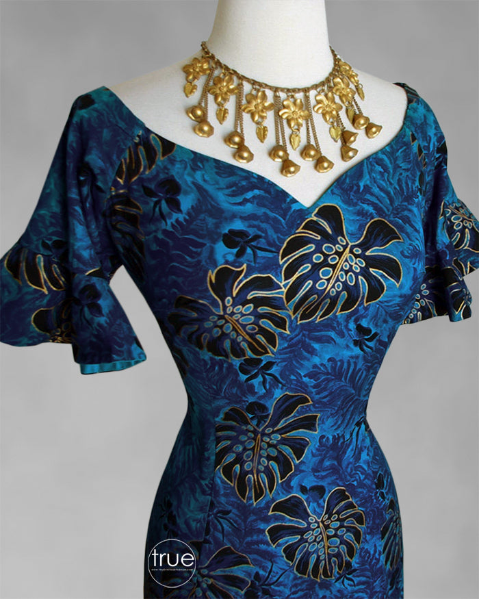 vintage 1950's dress ...teal monstera Surfriders Sportswear cotton hawaiian mermaid dress