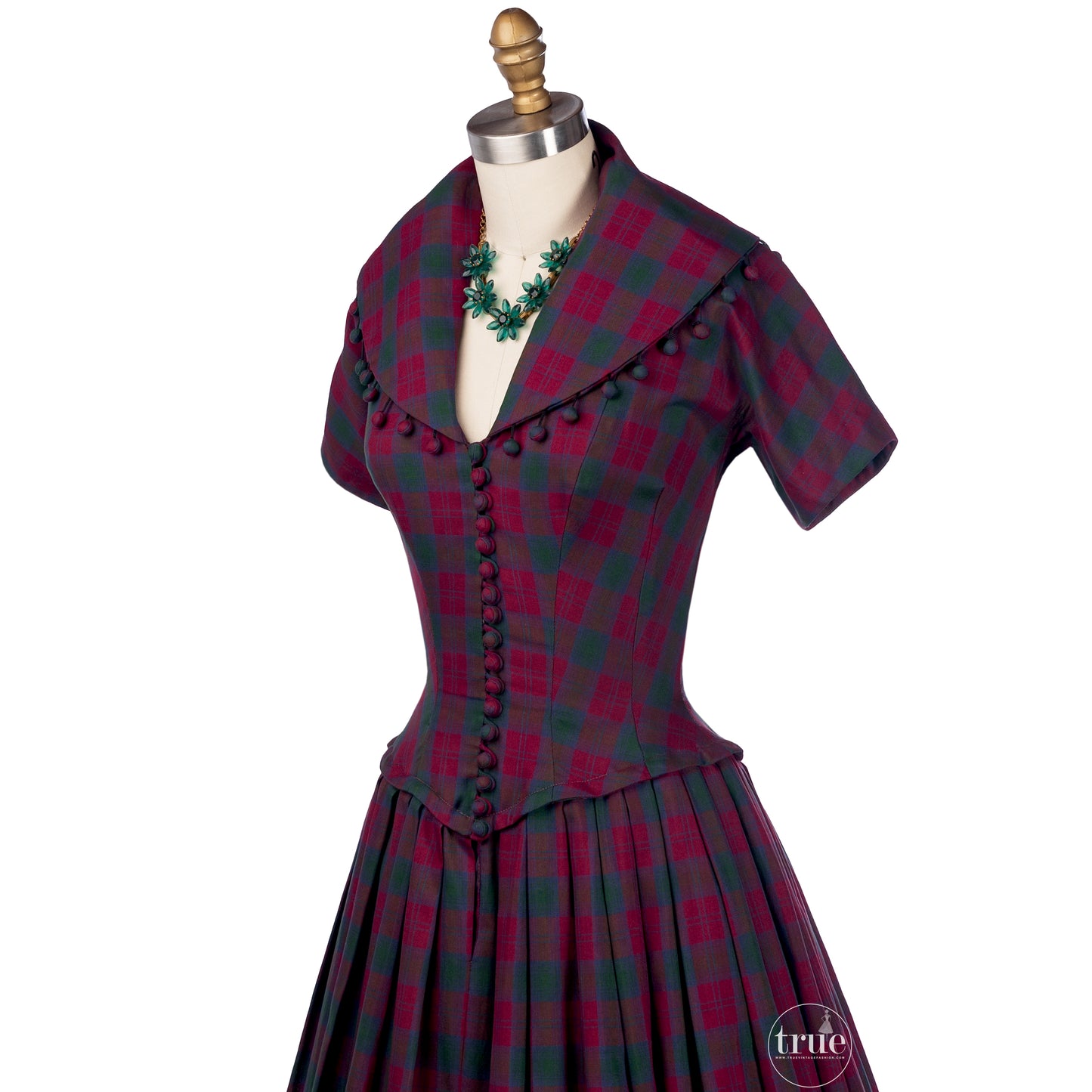 vintage 1950's dress ...Suzy Perette new look plaid full skirt dress with ball fringe