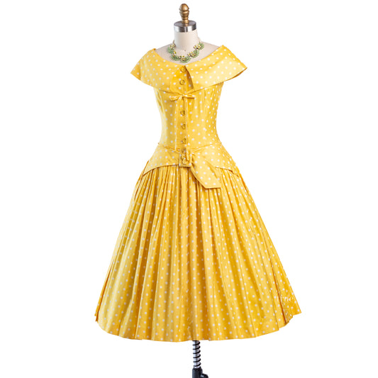 Vintage 1950's Dress ...Dior inspired Suzy Perette Yellow Polka Dot Cotton Full Skirt Dress