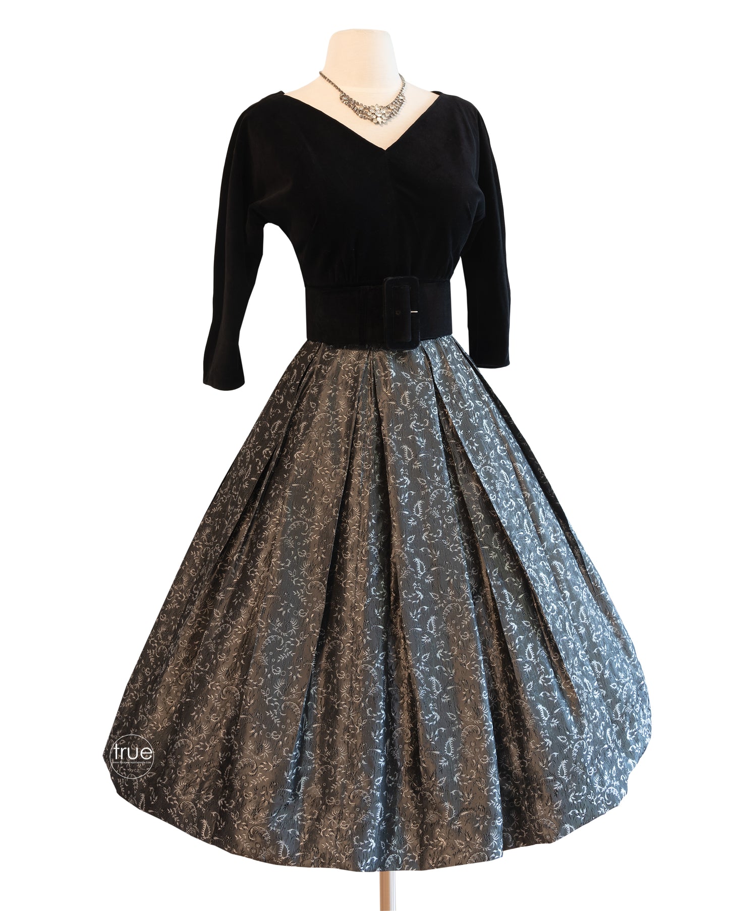 vintage 1950's dress ...classic beauty Suzy Perette velvet bodice & metallic gray jacquard skirt