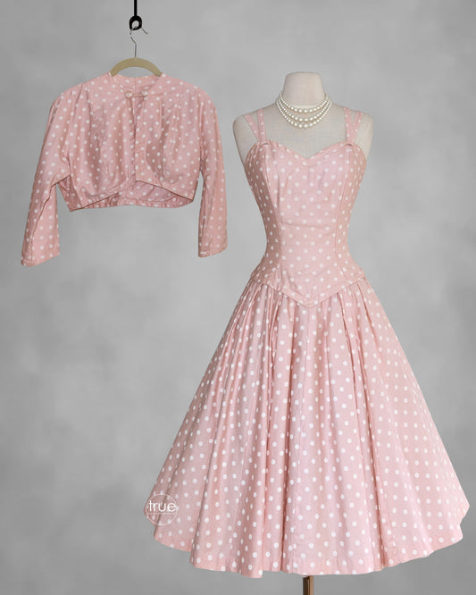 vintage 1950's dress ...classic beauty Suzy Perette new york pink polka dot dress & jacket