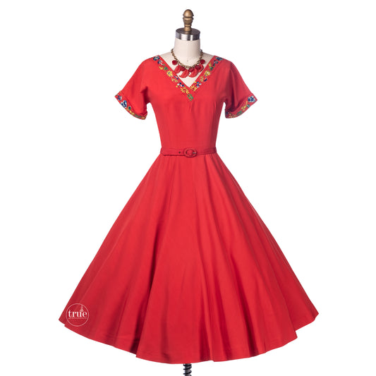 vintage 1950's dress ...pretty Teena Paige coral red embroidered full skirt dress