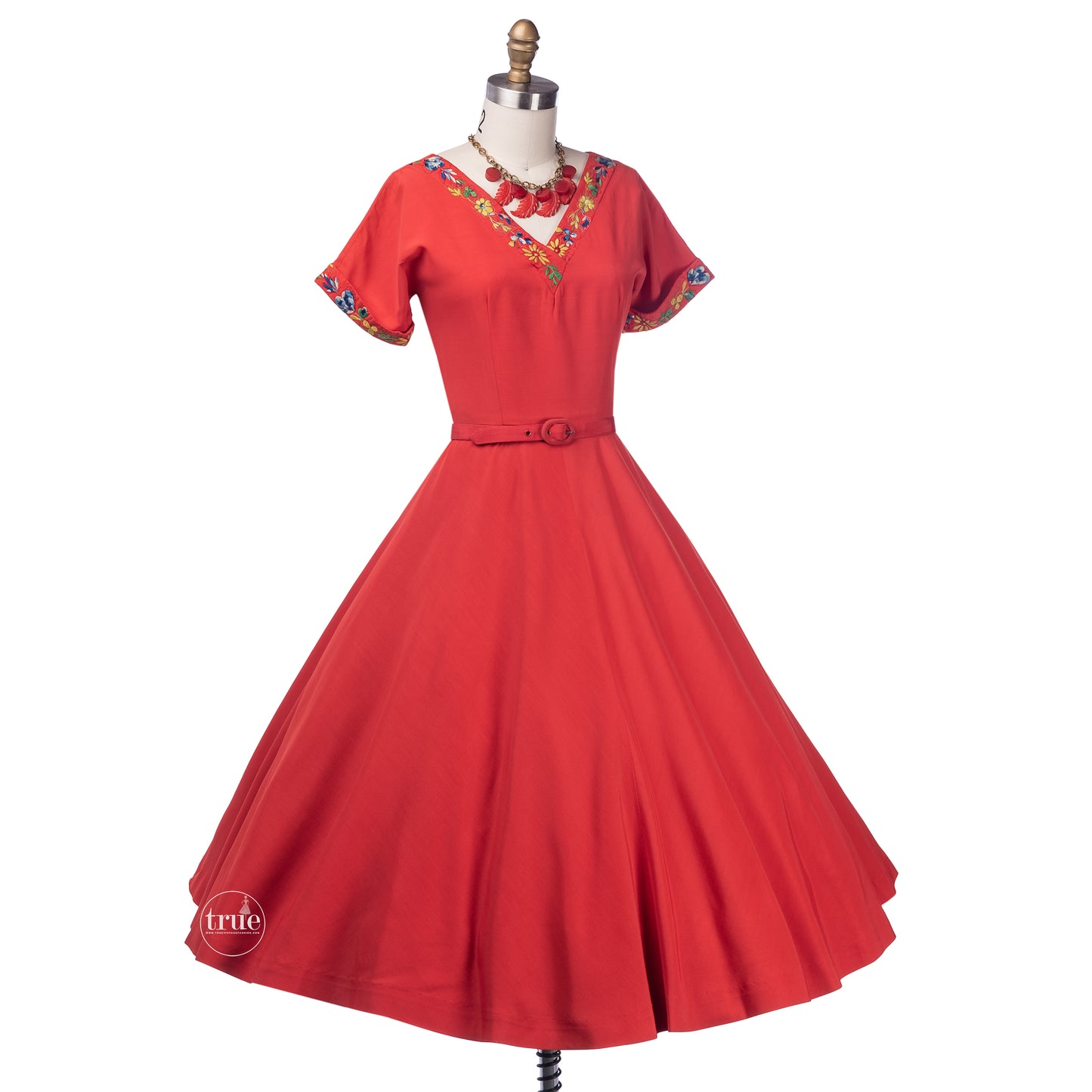 vintage 1950's dress ...pretty Teena Paige coral red embroidered full skirt dress