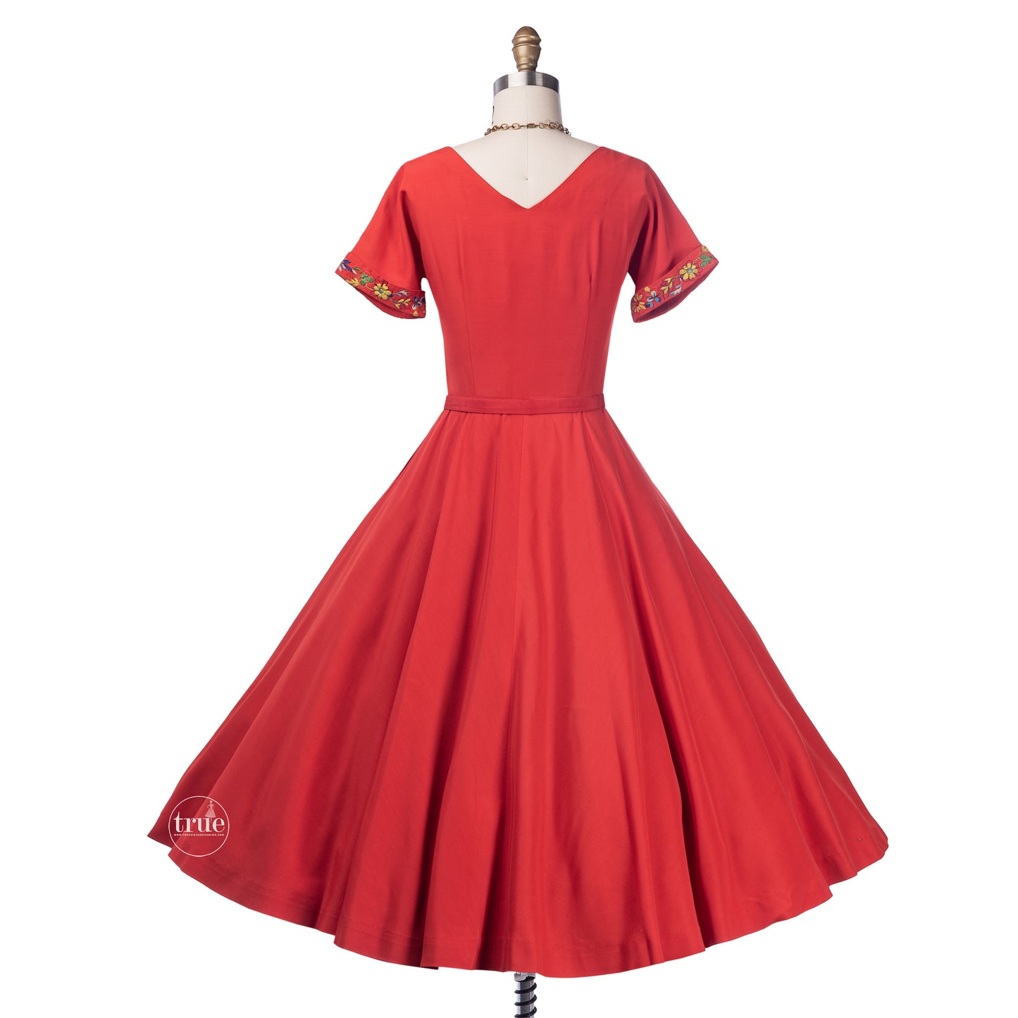vintage 1950's dress ...pretty Teena Paige coral red embroidered full skirt dress