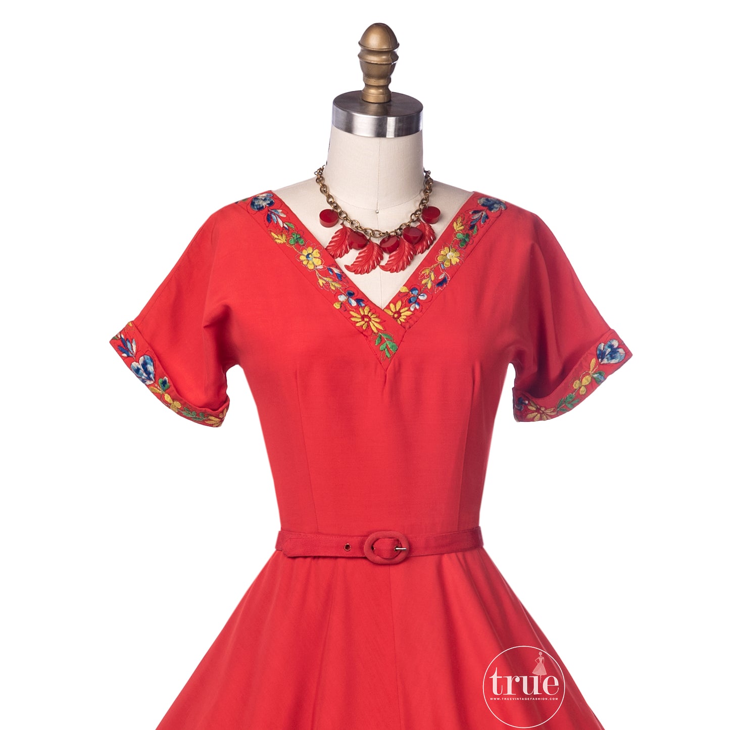 vintage 1950's dress ...pretty Teena Paige coral red embroidered full skirt dress