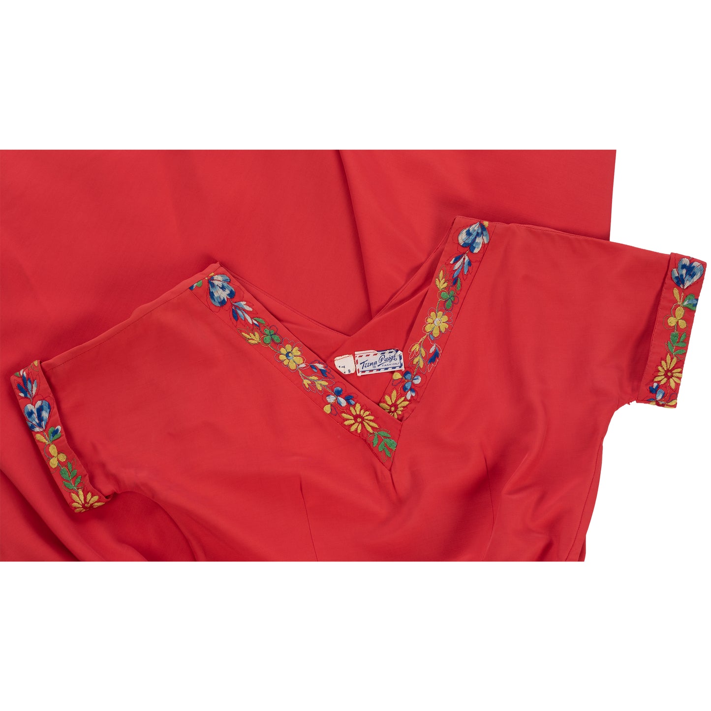vintage 1950's dress ...pretty Teena Paige coral red embroidered full skirt dress