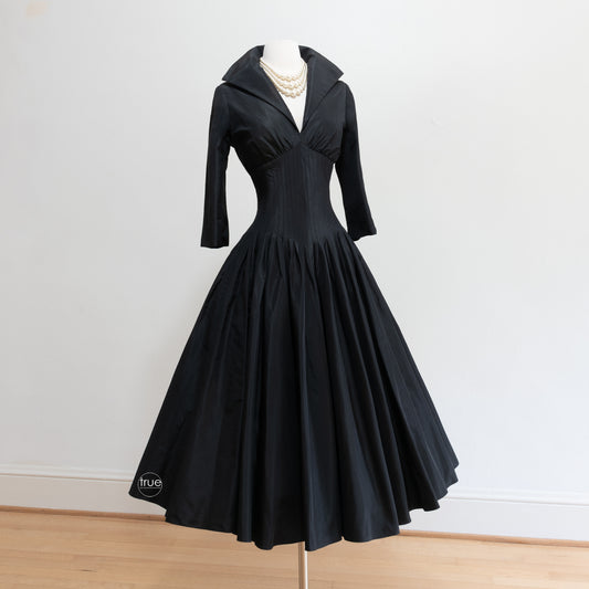 1950's style dress ...luxury designer RICKIE FREEMAN for Teri Jon black silk peau de soie dress