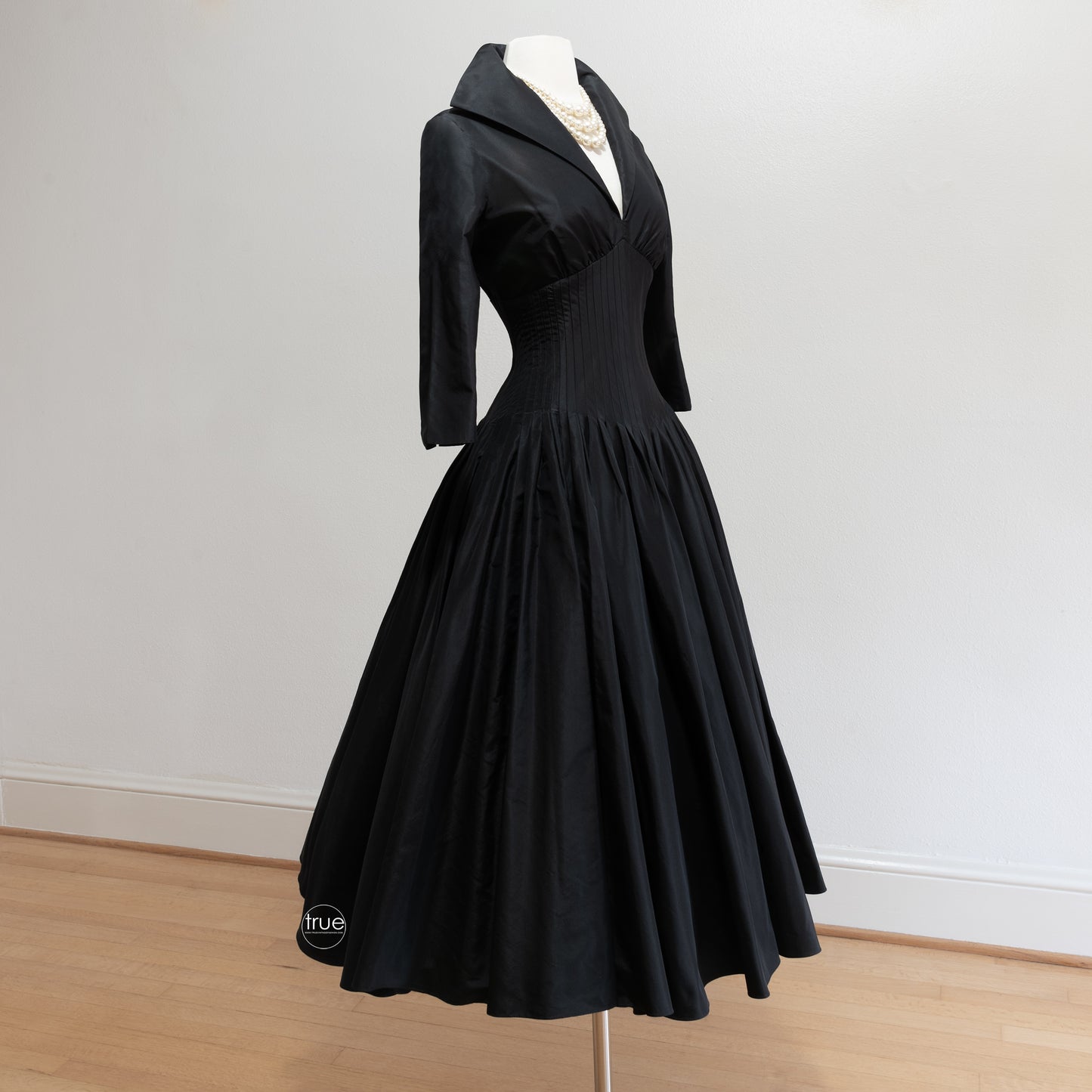 1950's style dress ...luxury designer RICKIE FREEMAN for Teri Jon black silk peau de soie dress