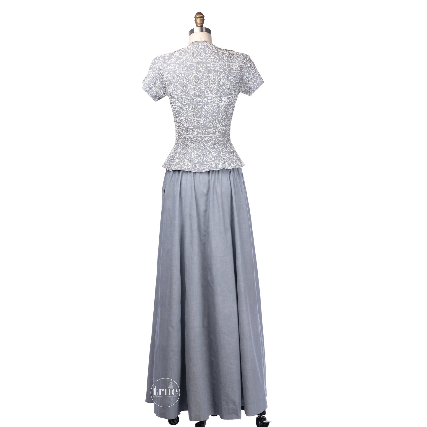 vintage 1940's dress ...rare early Pauline Trigeré 2 piece soutache chambray jacket and skirt ensemble