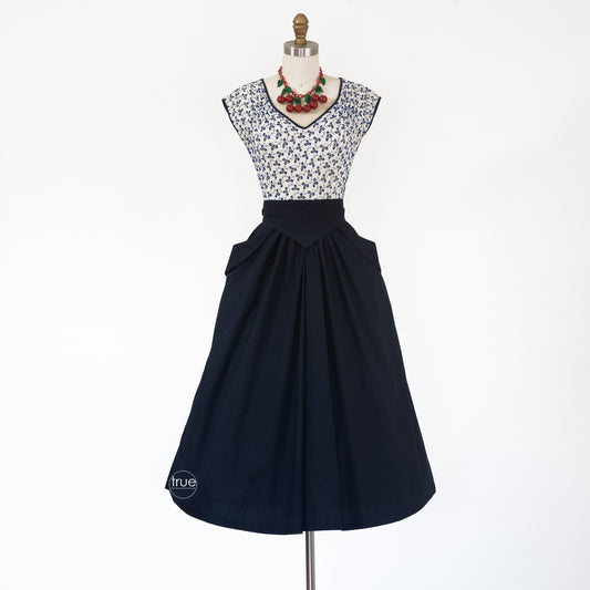 vintage 1940's dress ...navy skirt & blue eyelet VARSITY dress w/ POCKETS!