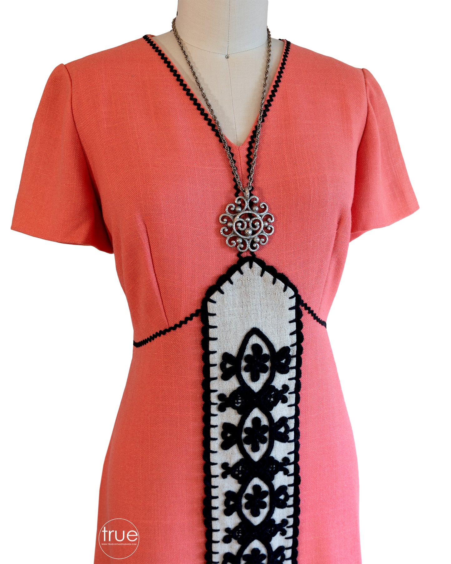 vintage 1960's dress ...Vera Maxwell Original coral dress with crewel embroidery