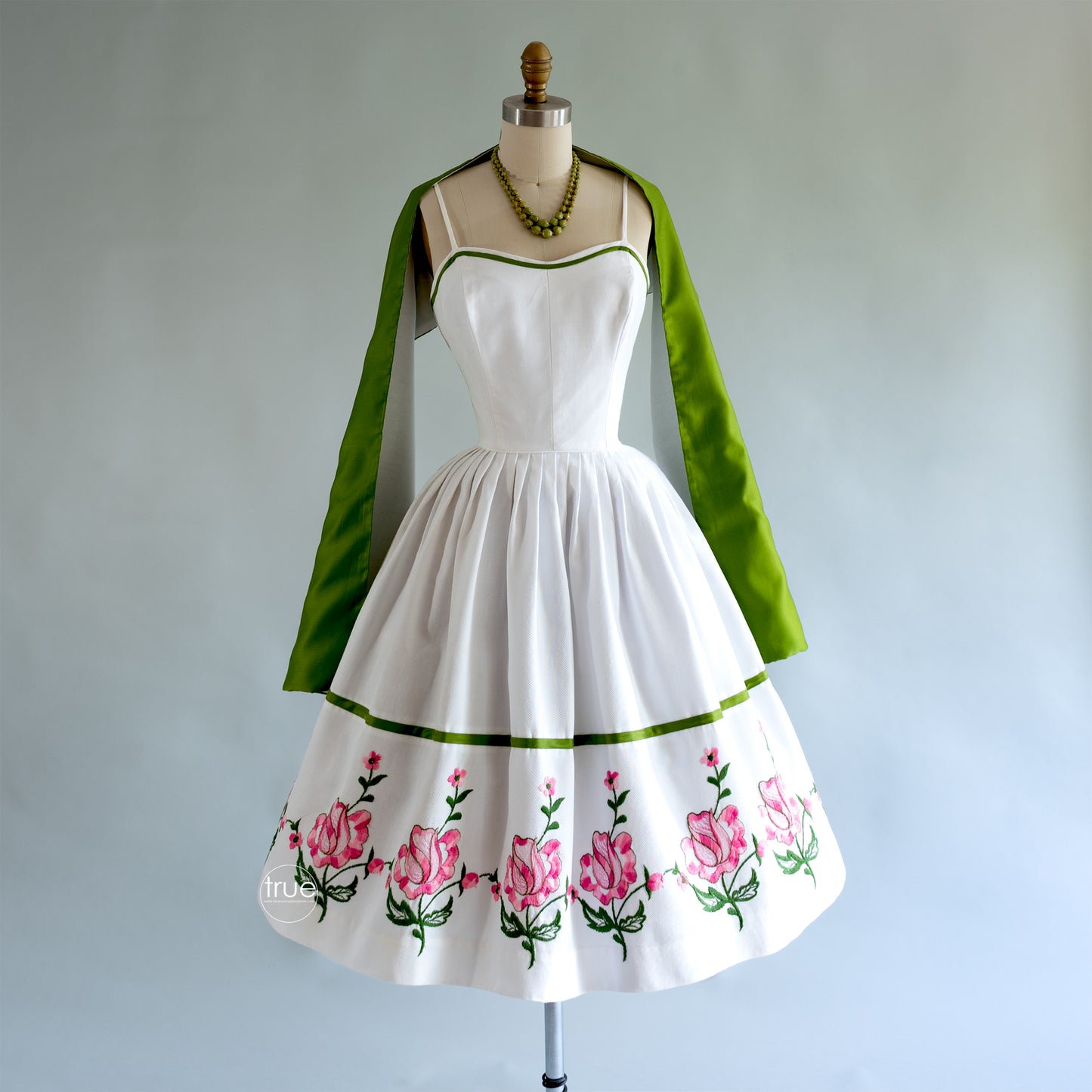 vintage 1950's dress ...gorgeous VICKY VAUGHN white cotton pique embroidered floral with wrap