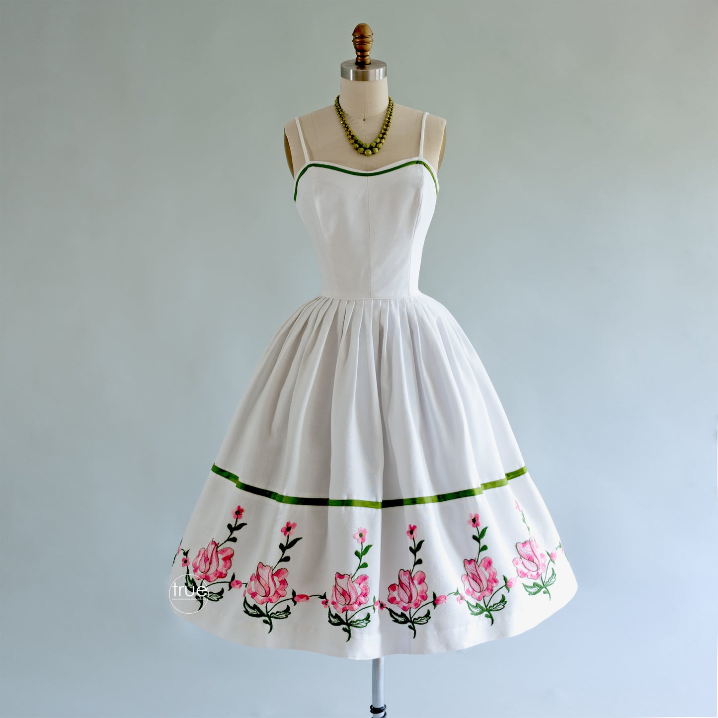 vintage 1950's dress ...gorgeous VICKY VAUGHN white cotton pique embroidered floral with wrap