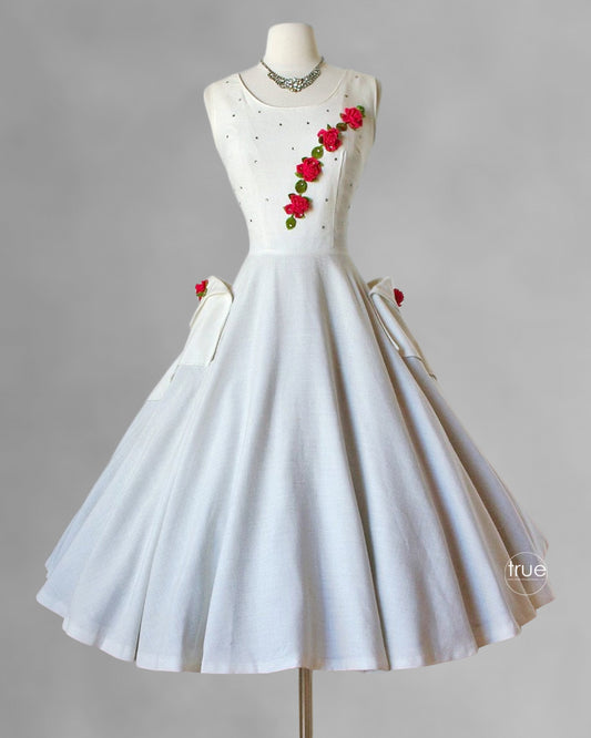 vintage 1950's dress ...ivory linen full CIRCLE SKIRT dress with gorgeous velvet 3D millinery roses