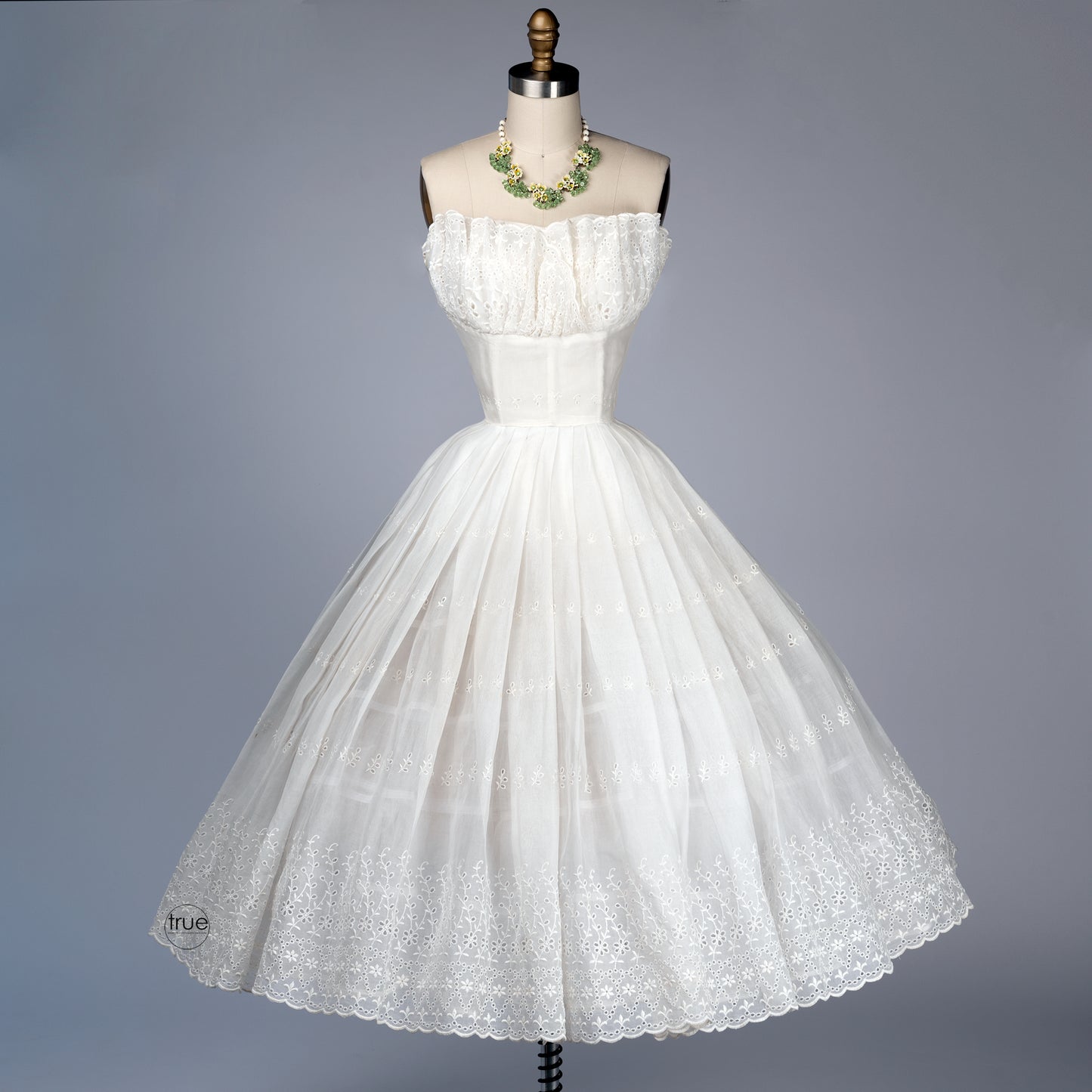 vintage 1950's dress ...timeless white eyelet organza petal bust dress w/ full circle skirt