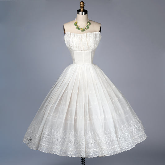 vintage 1950's dress ...timeless white eyelet organza petal bust dress w/ full circle skirt