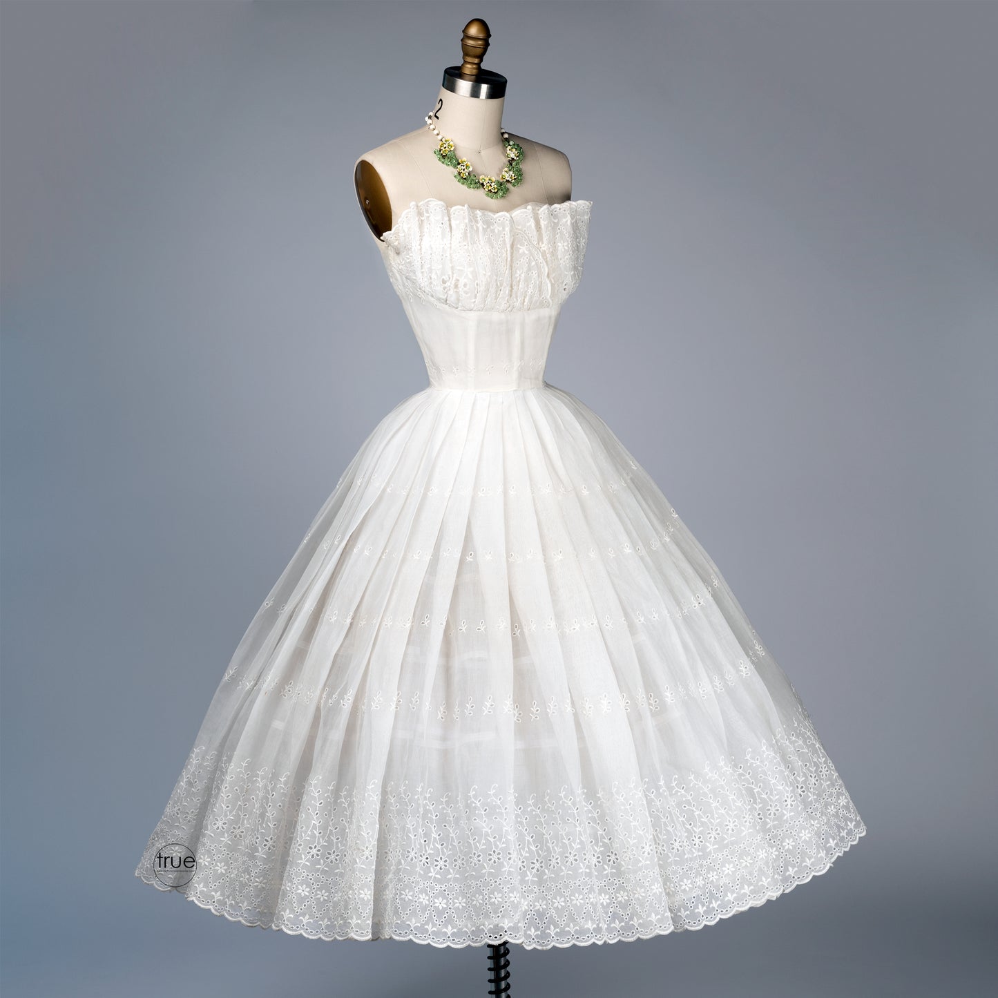 vintage 1950's dress ...timeless white eyelet organza petal bust dress w/ full circle skirt